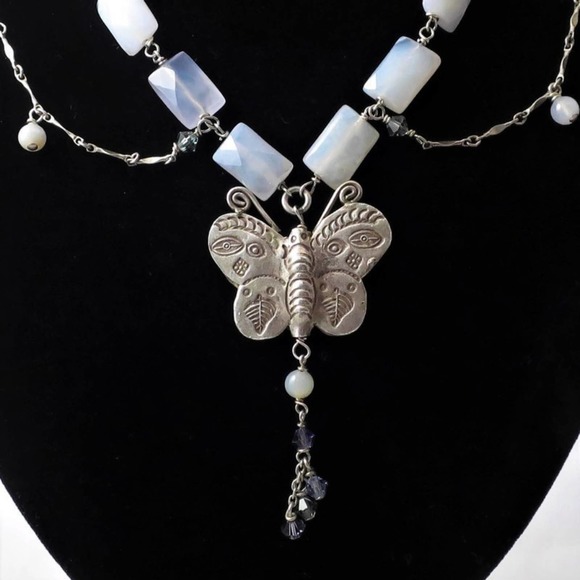 Sterling Butterfly Necklace Regencycore Blue Agate Mariposa Fantasy - Picture 8 of 8